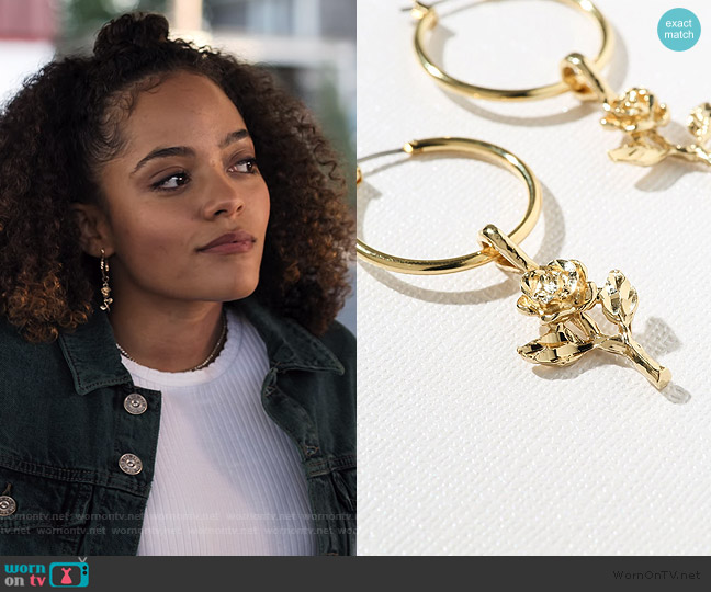 Gold Little Rose Hoops by Vanessa Moondy worn by Tabitha Foster (Quintessa Swindell) on Trinkets