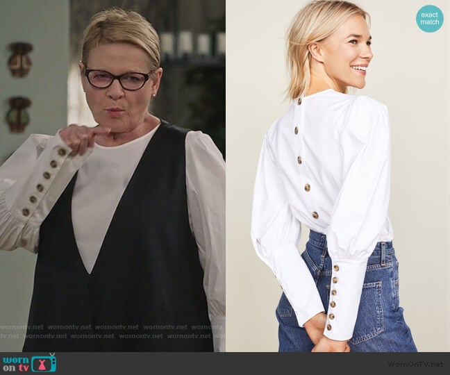 Joan’s white button cuff top on Life in Pieces