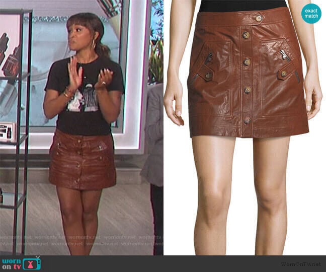 Wornontv Eves Black Print Tee And Leather Skirt On The Talk Eve Clothes And Wardrobe From Tv 3685