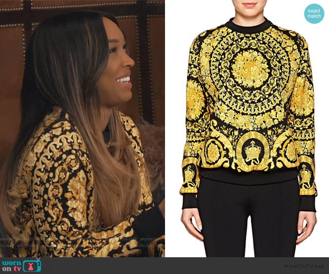 Baroque-Print Sweatshirt by Versace worn by Malika on Keeping Up with the Kardashians