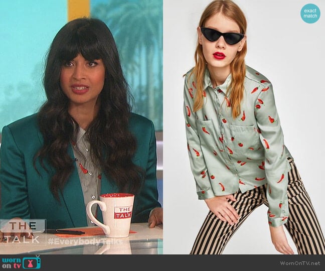 Zara Blouse with Chilli Pepper Print worn by Jameela Jamil on The Talk