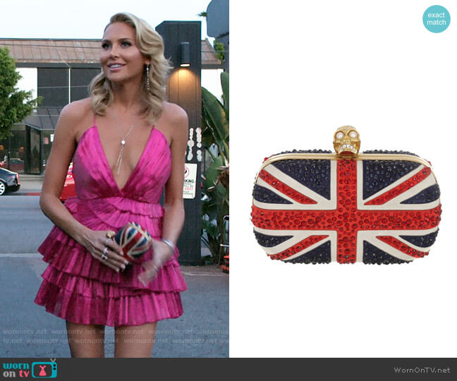 Alexander McQueen Britannia Union Jack Crystal Skull Clutch worn by Stephanie Pratt (Stephanie Pratt) on The Hills New Beginnings