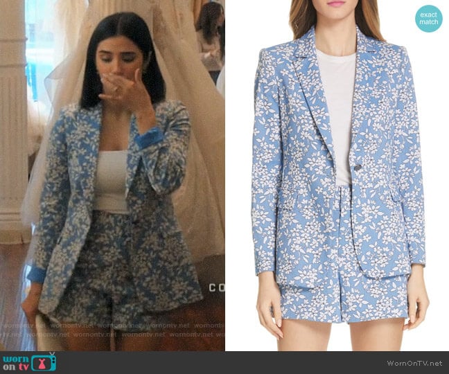 Alice + Olivia Cornflower Floral Macey Blazer and Shorts worn by Lina Santillan (Diane Guerrero) on Jane the Virgin