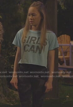 Ava’s GIRLS CAN tee and camo leggings on Bunkd