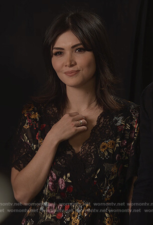 Cassidy's black floral wrap dress on What/If