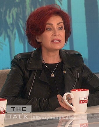 Sharon’s black leather moto jacket on The Talk