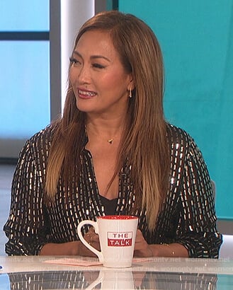 Carrie's black embellished blouse on The Talk