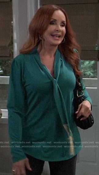 Bobbie’s green fringed tie neck blouse on General Hospital