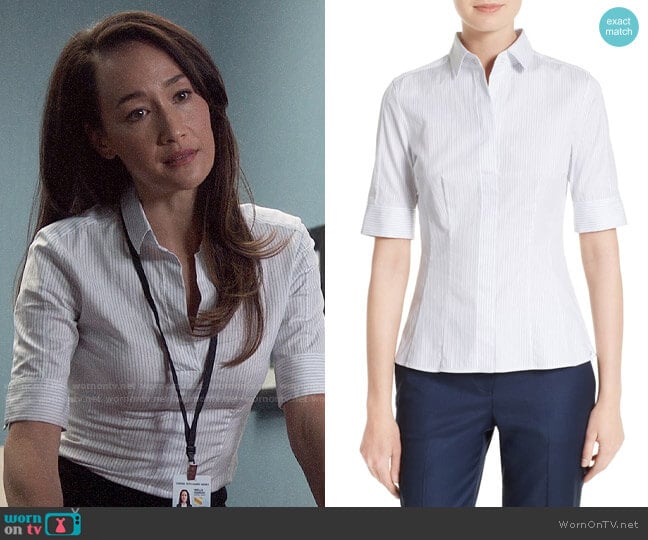 BOSS Bashini 2 Stripe Poplin Fitted Blouse worn by Hannah Wells (Maggie Q) on Designated Survivor