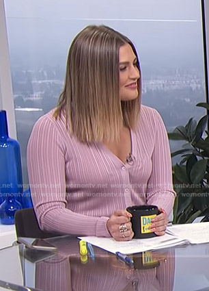 Carissa’s pink ribbed cardigan on E! News Daily Pop