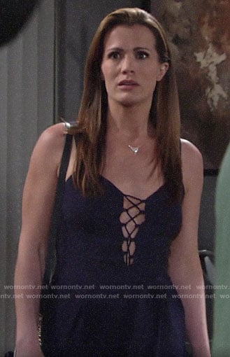 Chelsea’s navy lace-up front jumpsuit on The Young and the Restless