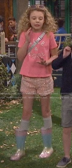 Destiny's pink tweed shorts and rainbow rain boots on Bunkd