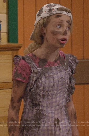 Destiny's purple checked jumpsuit and strawberry hat on Bunkd