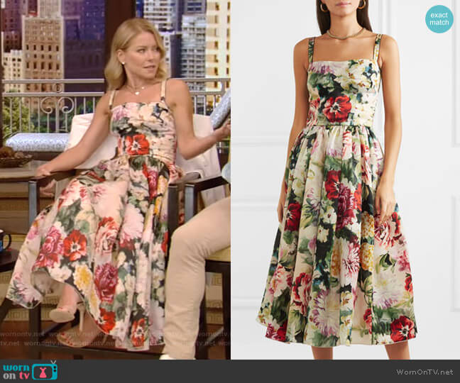 Floral-print Duchesse Midi Dress by Dolce & Gabbana worn by Kelly Ripa  on Live with Kelly & Ryan