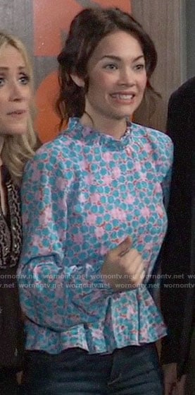 Elizabeth’s blue and pink printed peplum top on General Hospital