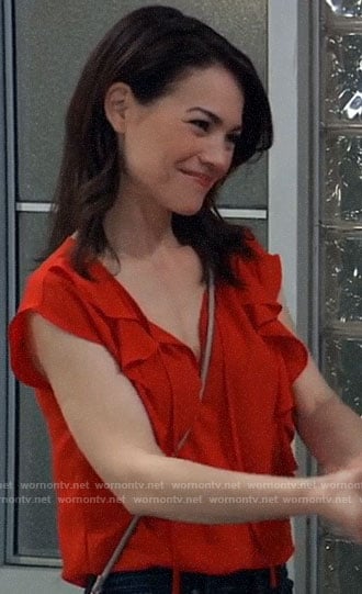 Elizabeth’s red ruffled top on General Hospital