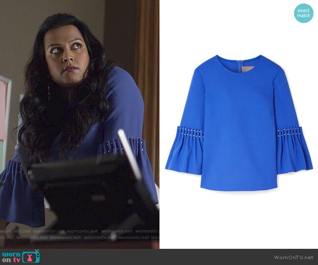 Faux pearl-embellished wool-blend crepe top by Lela Rose worn by Gillian (Aneesh Sheth) on Jessica Jones