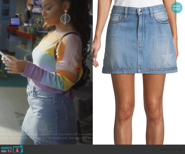 Le Mini Studded Denim Skirt by Frame worn by Jazlyn Forster (Chloe Bailey) on Grown-ish