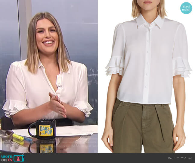 WornOnTV: Carissa’s white ruffled sleeve blouse on E! News Daily Pop ...