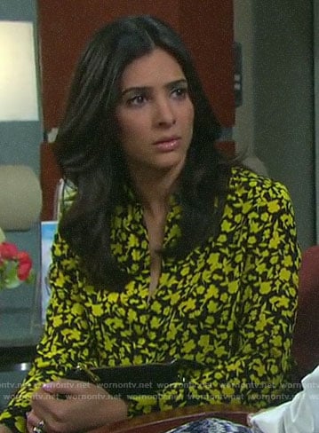 Gabi’s black and yellow floral blouse on Days of our Lives