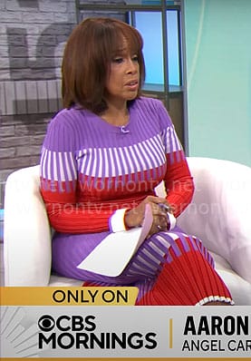 Gayle's purple and red ribbed sweater and skirt on CBS Mornings