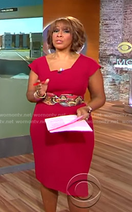 Gayle’s red folded neck dress on CBS Mornings
