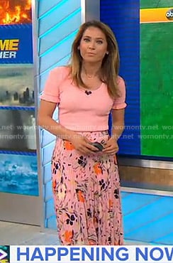 Ginger’s pink top and floral pleated skirt on Good Morning America
