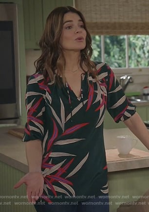 Heather's green floral tie neck blouse on Life in Pieces