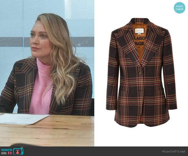 Checked Wool-Twill Blazer by Gucci worn by Kelsey Peters (Hilary Duff) on Younger