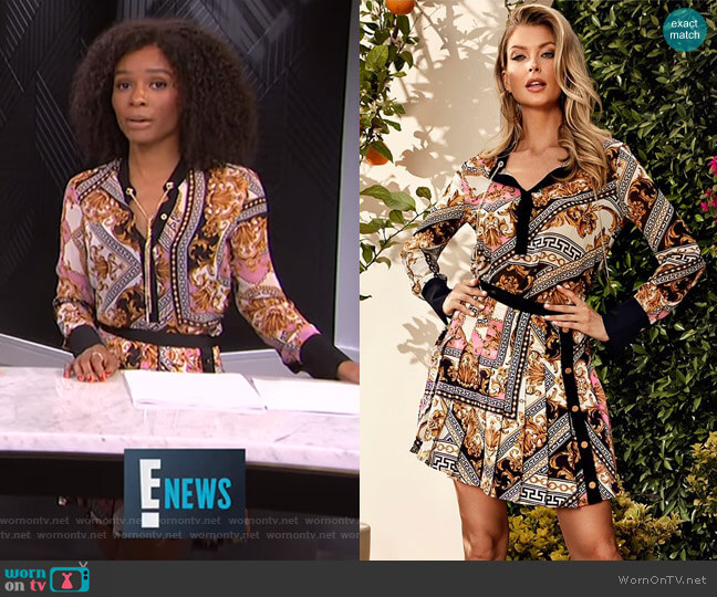 Baroque Print Chain Blouse and Pleated Skirt by Guess worn by Zuri Hall on E! News