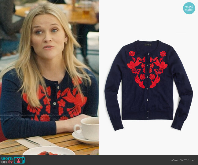 J. Crew Lightweight wool Jackie cardigan with embroidery worn by Madeline Martha Mackenzie (Reese Witherspoon) on Big Little Lies