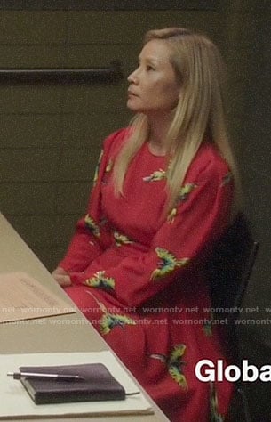 Joan’s red bird print dress on Elementary