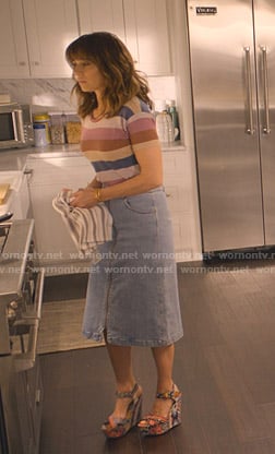 Judy’s striped tee and denim skirt on Dead to Me