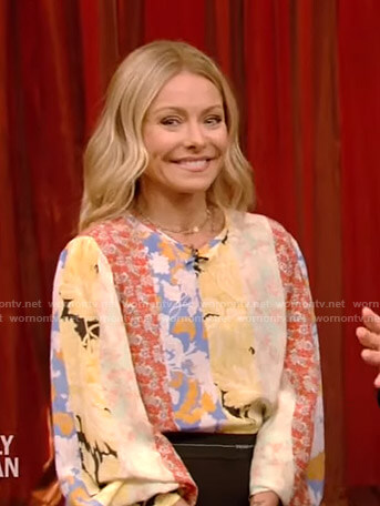 Kelly’s mixed floral print top and skirt on Live with Kelly and Ryan