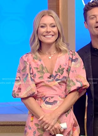 Kelly’s pink printed wrap dress on Live with Kelly and Ryan