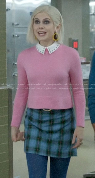 Liv’s pink sweater and blue plaid skirt on iZombie