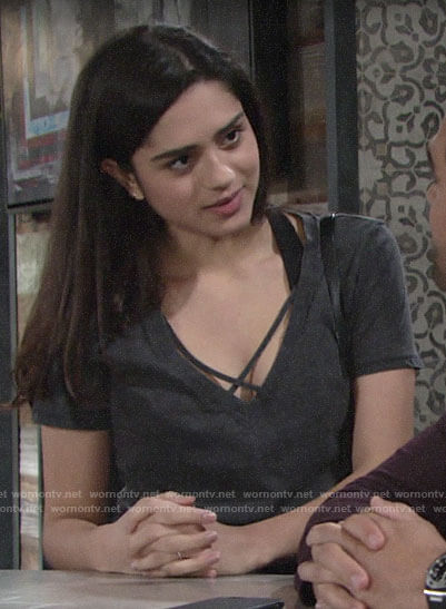 Lola’s black cross strap tee on The Young and the Restless