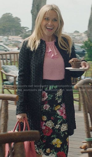 Madeline's black floral skirt and pink ruffled top on Big Little Lies