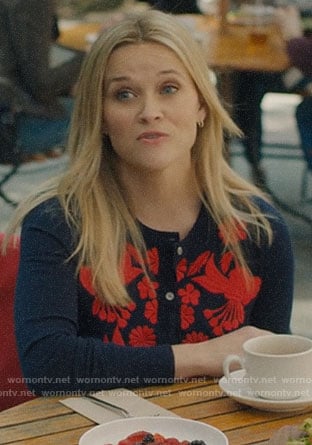 Madeline’s navy and red embroidered cardigan on Big Little Lies