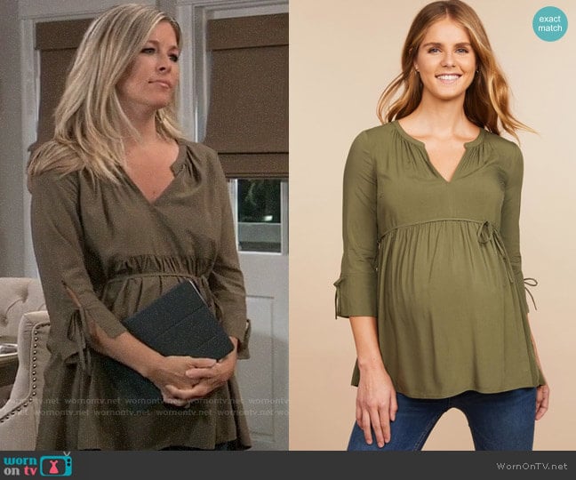 Motherhood Maternity Tie Sleeve Maternity Blouse worn by Carly Spencer (Laura Wright) on General Hospital