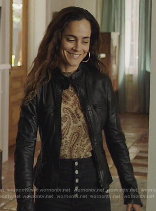 Teresa's print top and button embellished pants on Queen of the South