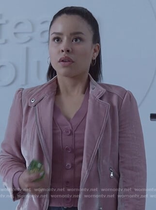 Mariana's pink cropped cardigan and jacket on Good Trouble