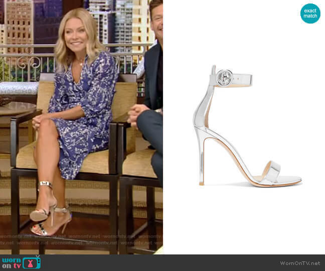 Portofino Metallic Leather Sandals by Gianvito Rossi worn by Kelly Ripa  on Live with Kelly & Ryan
