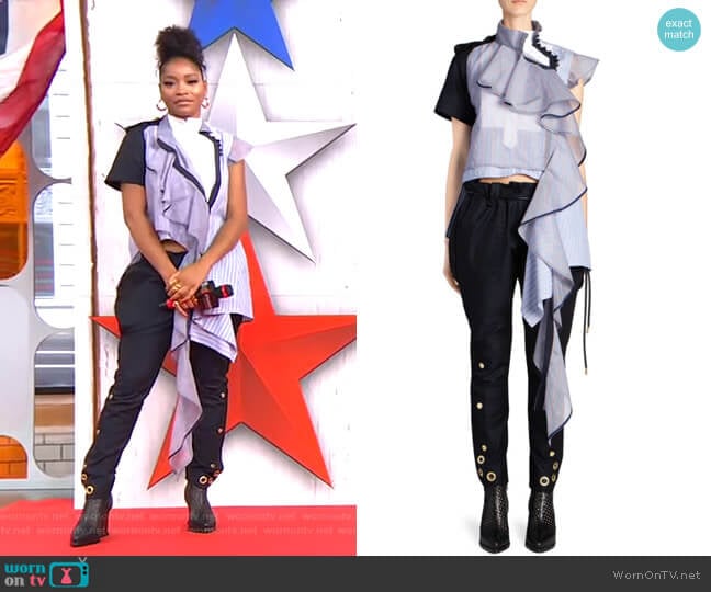 Asymmetric Striped Organza Blouse and Gabardine Poplin Pants by Sacai worn by Keke Palmer on Good Morning America