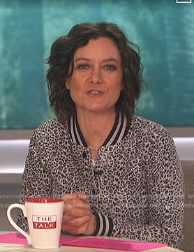 Sara’s grey leopard print varsity jacket on The Talk