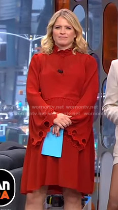 Sara’s red flared sleeve dress with cutouts on GMA Strahan And Sara