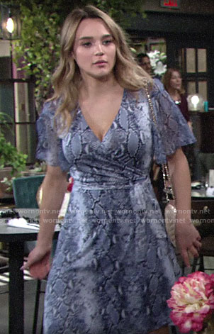 Summer’s blue snake print wrap dress on The Young and the Restless