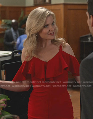 Stephanie's red ruffled cold-shoulder dress on Good Witch