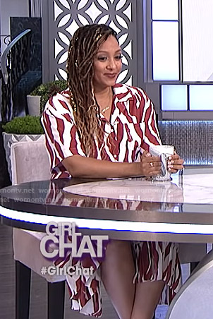 Tamera’s red and white zebra print shirt and skirt on The Real