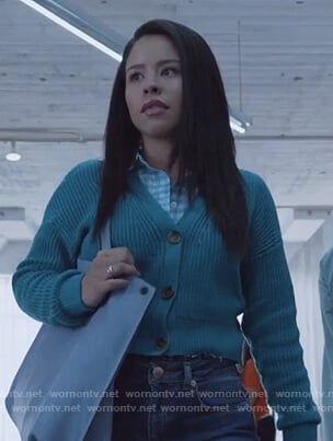 Mariana’s teal cropped cardigan on Good Trouble